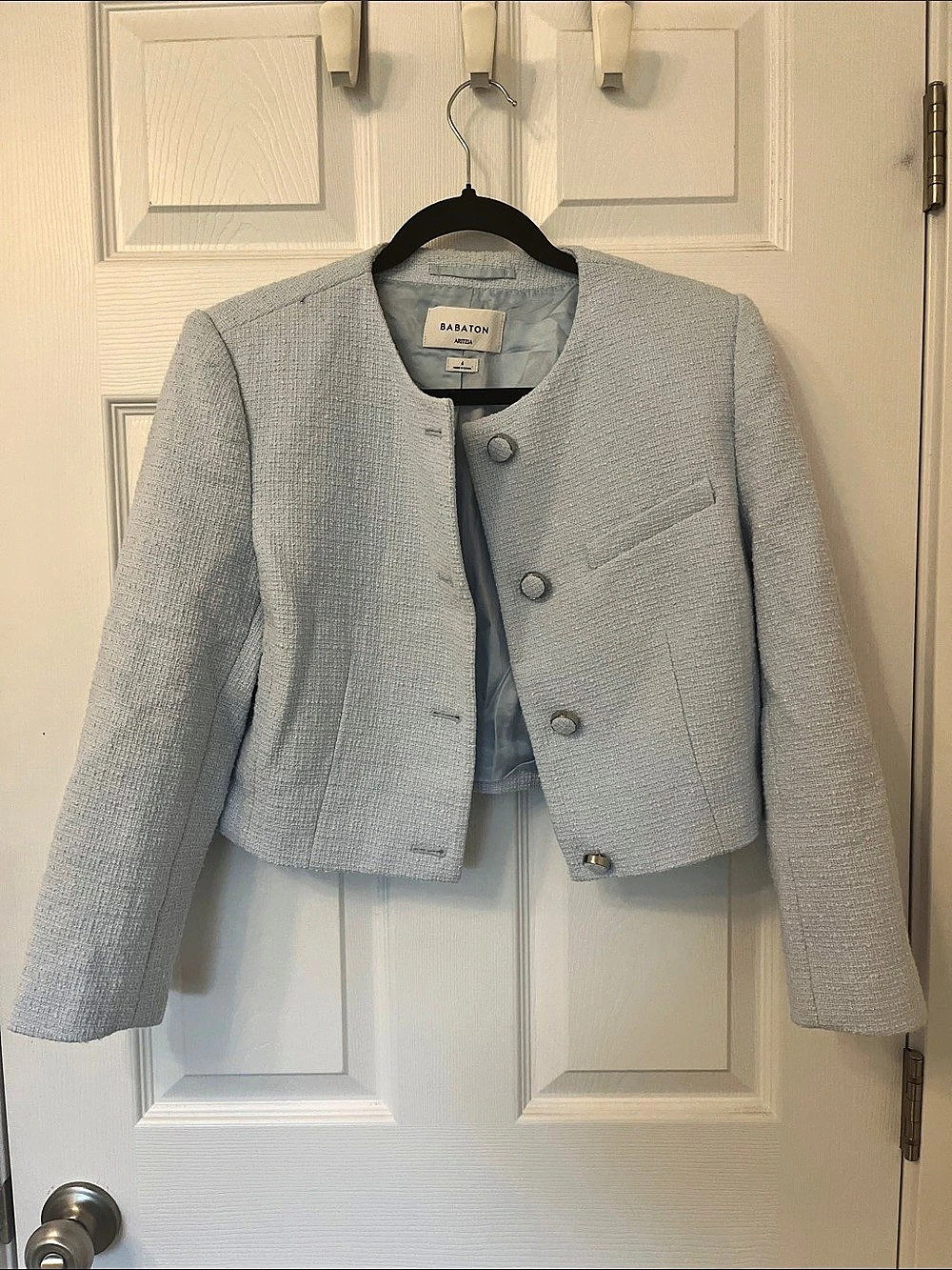 Babaton Acquire Tweed Cropped Collarless Jacket in light blue Like New